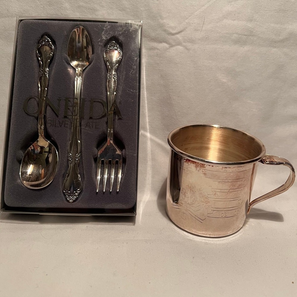 Oneida Affection Silver Plate 3-Piece Baby Set and Cup (x-108)